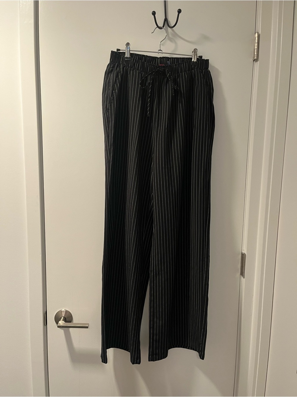 Wide Leg Black Pinstripe Drawstring Pants - Women's